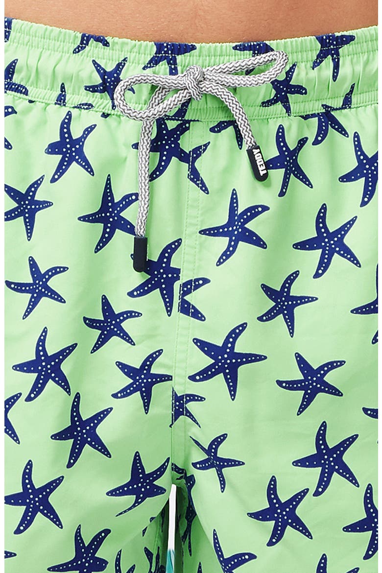 Starfish Print Swim Trunks, Alternate, color, FRESH GREEN/ BLUE