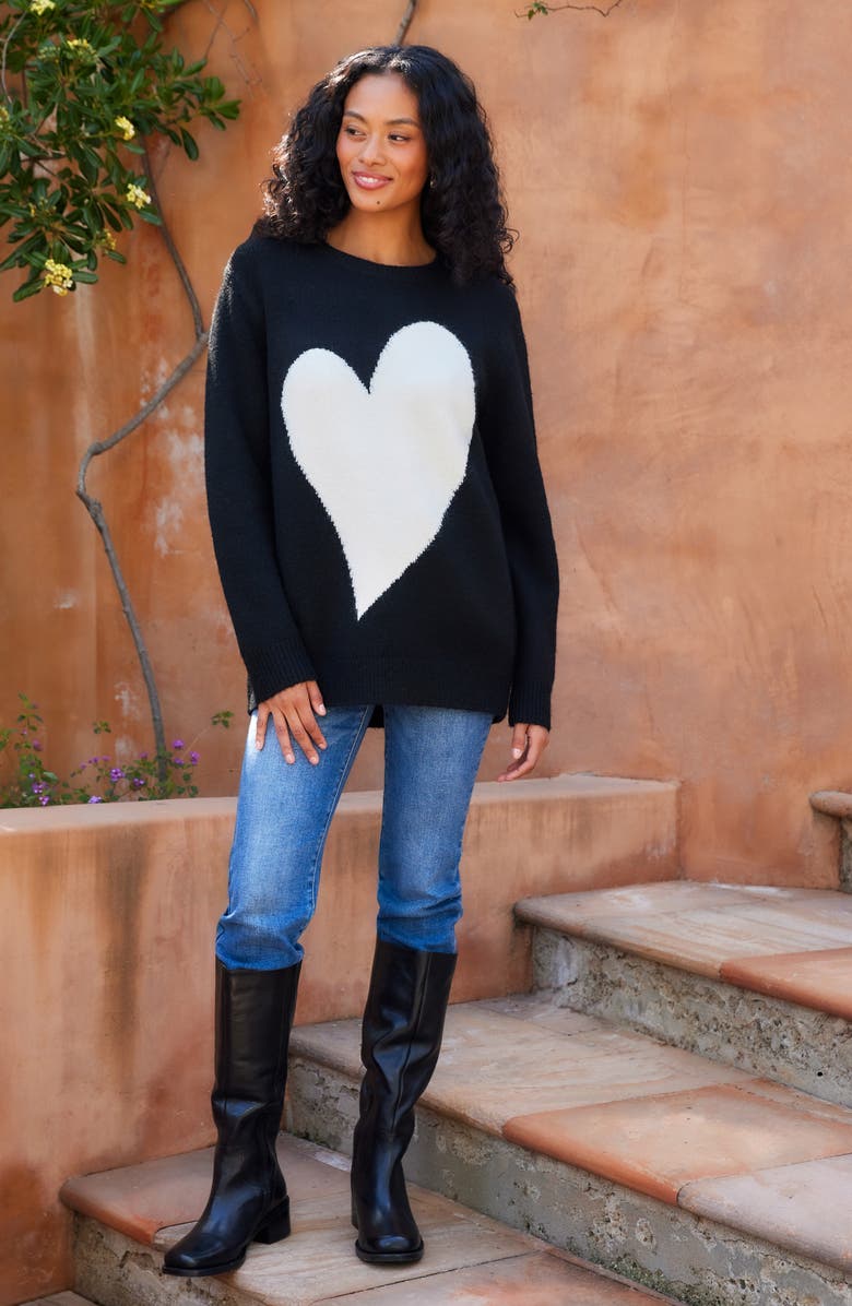 Karen Kane Heart Crewneck Sweater, Alternate, color, Black/ Cream