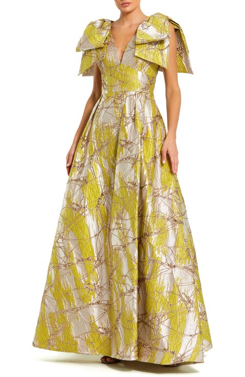 Layered Shoulder Metallic Jacquard A-Line Gown