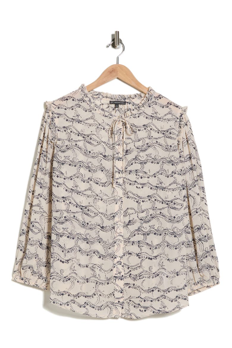 Ruffle Neck Woven Button-Up Shirt, Alternate, color, CHAMPAGNE BUBBLE SWIRL