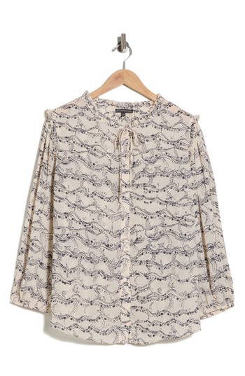 Adrianna Papell Ruffle Neck Woven Button-up Shirt In Neutral