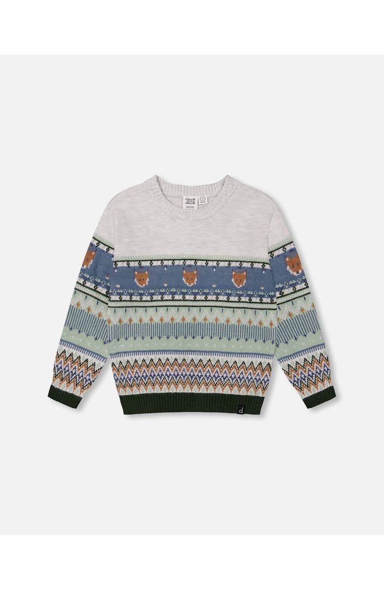 Deux par Deux Little Boy's Jacquard Sweater With Fox Beige, Blue And Green, Main, color, 