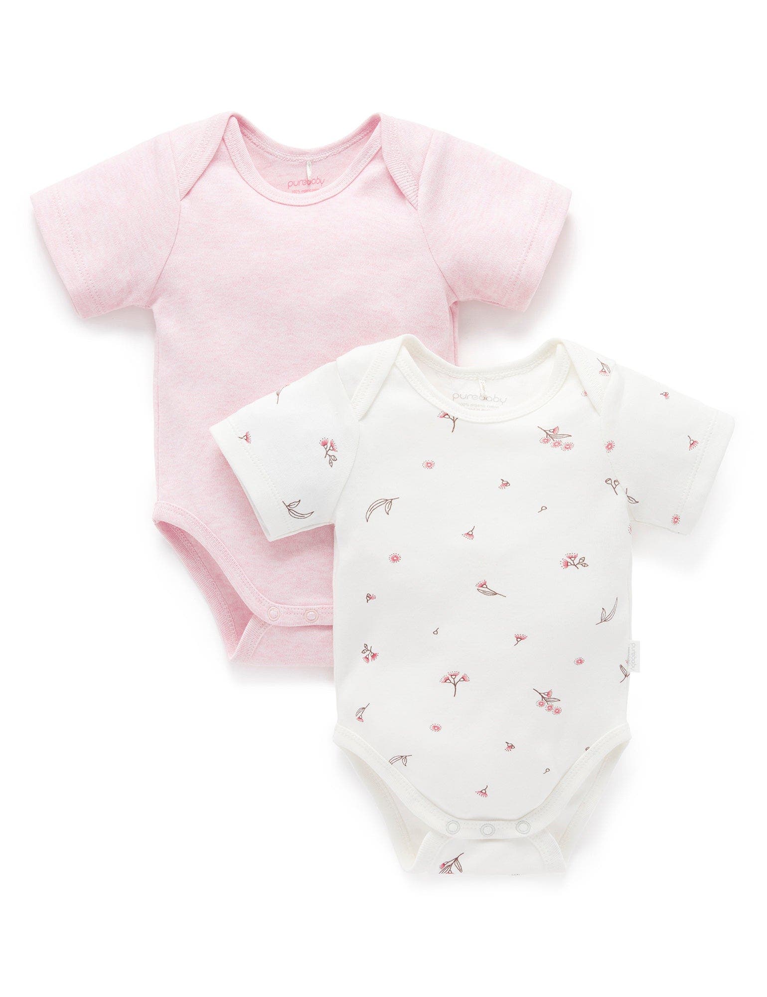 Purebaby 2 Pack Short Sleeve Bodysuit in Blossom Pale Pink Melange Pk 
