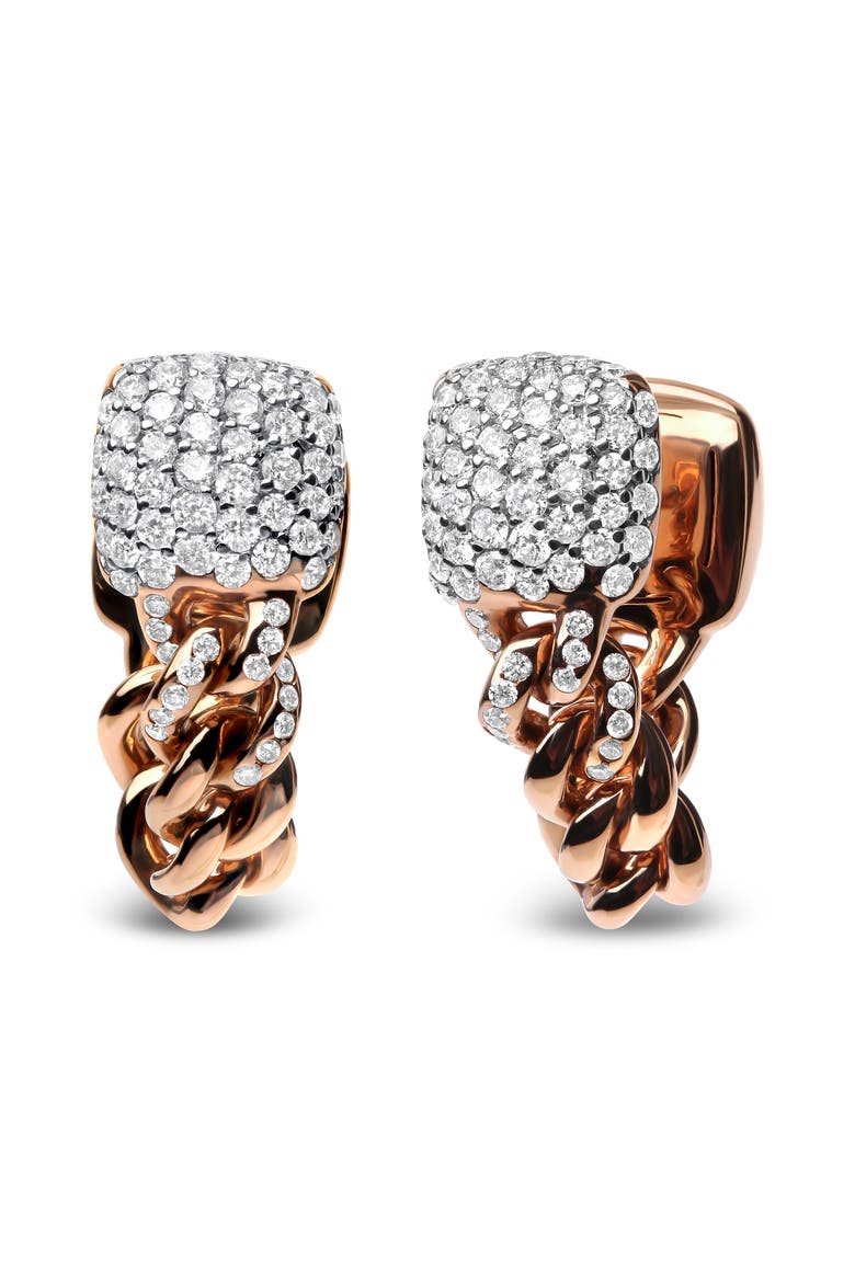 18K Rose Gold 3/4 Cttw Round Diamond Pave Cuban Chain Huggie Earrings, Main, color, Pink