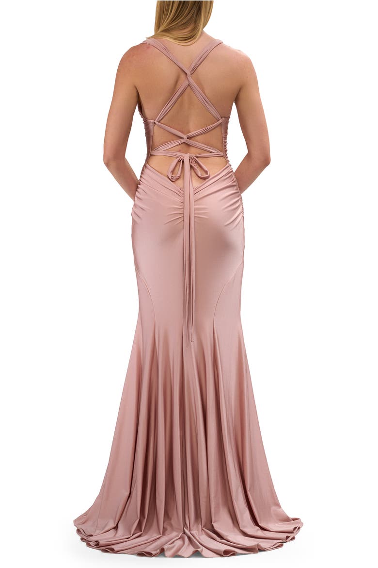 Sleek Prom Dress with Deep V-Neckline and Tie Back, Alternate, color, Mauve