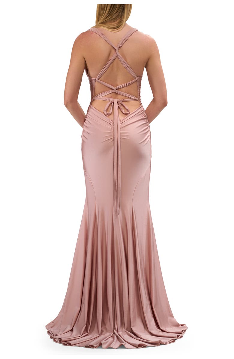 La Femme Sleek Prom Dress with Deep V-Neckline and Tie Back, Alternate, color, Mauve