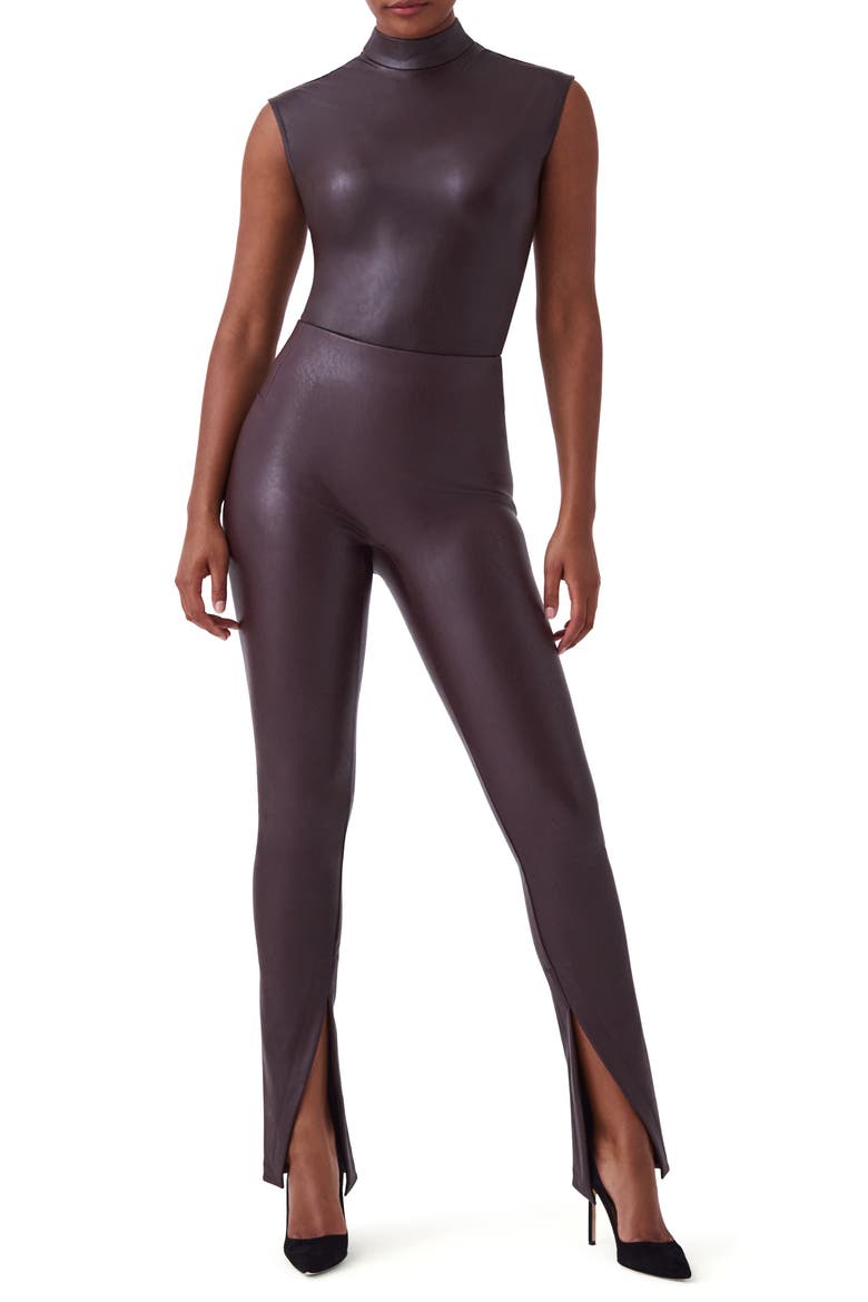 Faux Leather Front Slit Leggings, Alternate, color, CHERRY CHOCOLATE