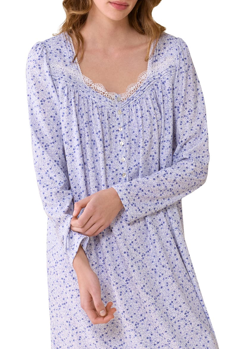 Floral Lace Trim Long Sleeve Nightgown, Alternate, color, BLUE/FLORAL