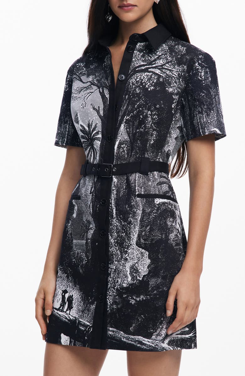 Desigual Belted Printed Mini Shirtdress, Alternate, color, Black
