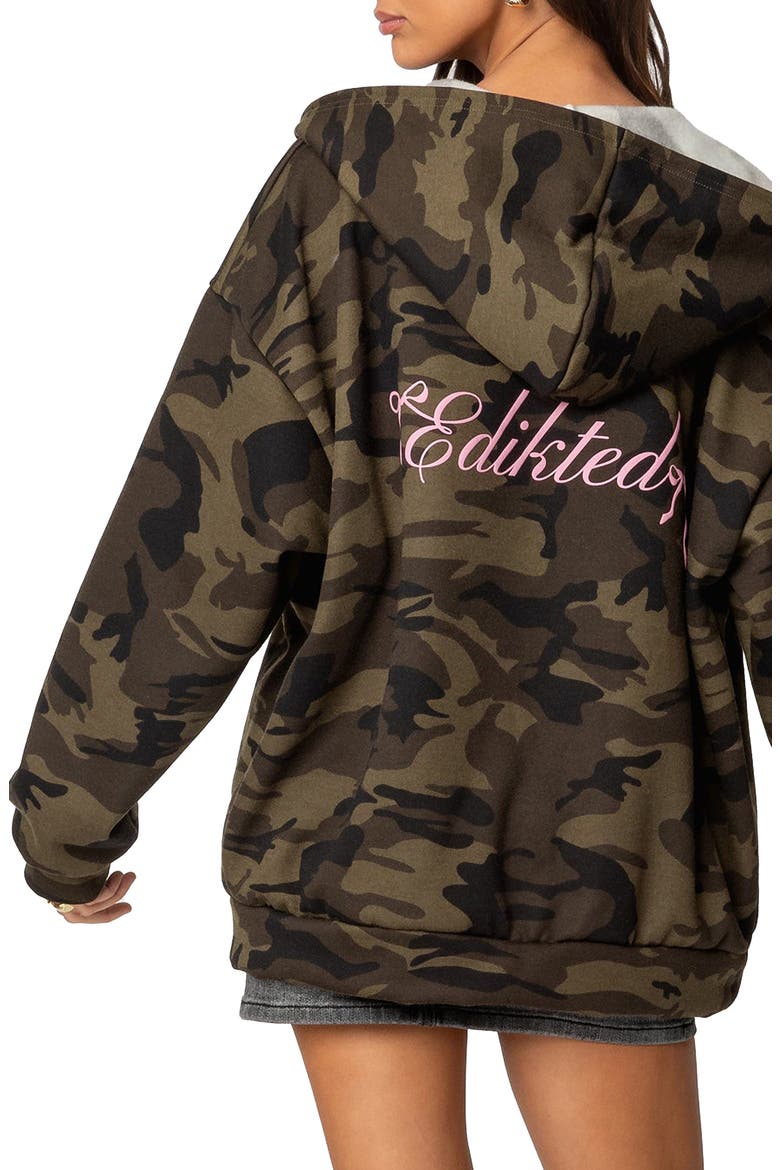 Camo Bow Detail Oversize Zip Hoodie, Alternate, color, OLIVE