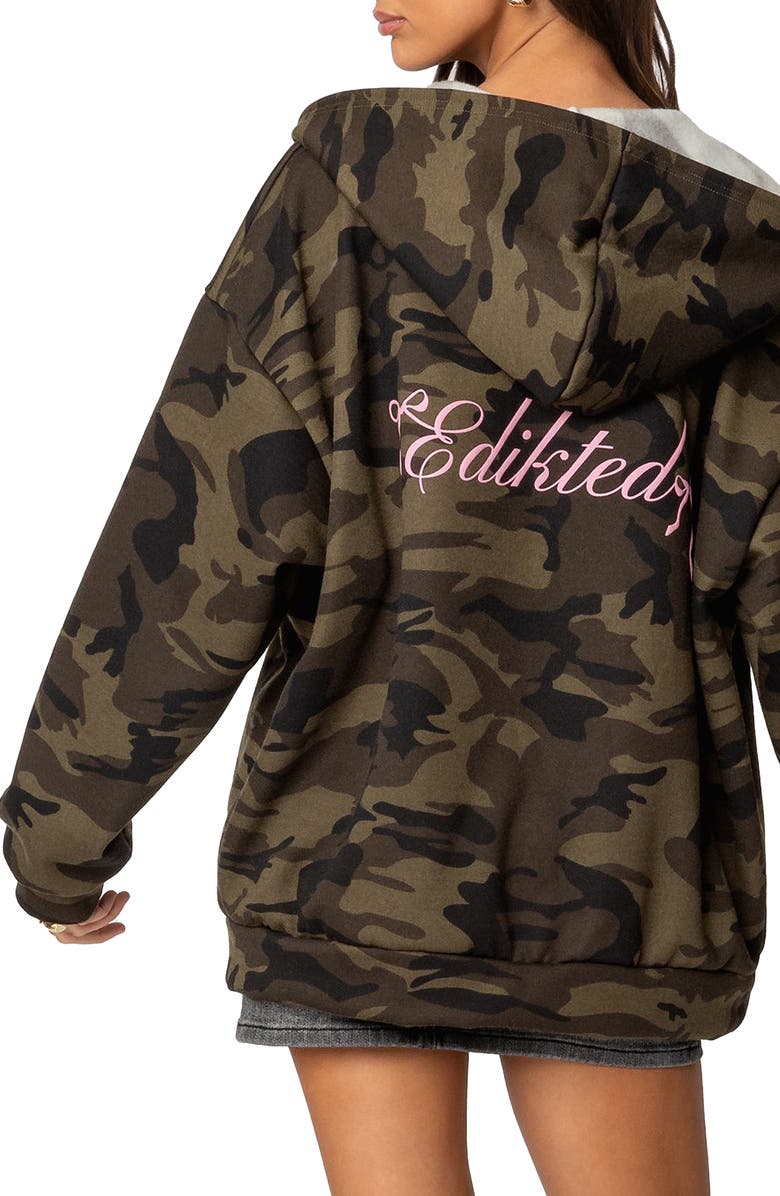 EDIKTED Camo Bow Detail Oversize Zip Hoodie, Alternate, color, Olive