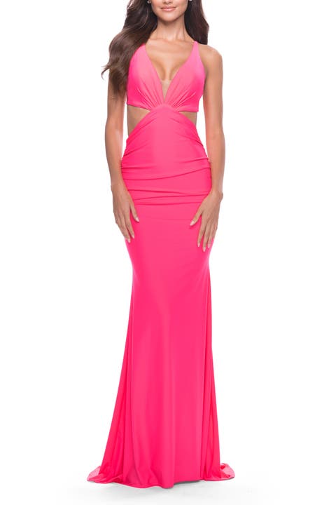 Prom Dress with Cut Out Sides and Low Open Back in Neon