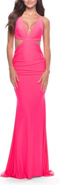 La Femme Prom Dress with Cut Out Sides and Low Open Back in Neon