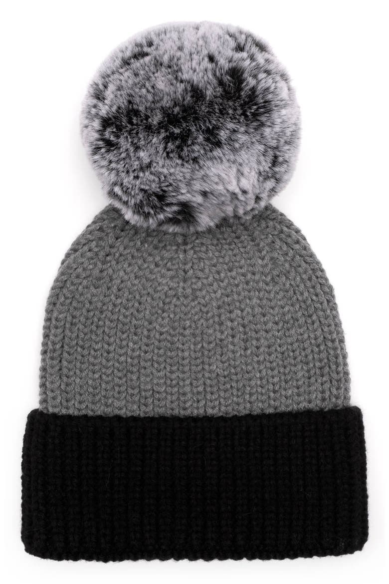 Myrna Colorblock Beanie with Faux Fur Pm, Main, color, GRAY/BLACK