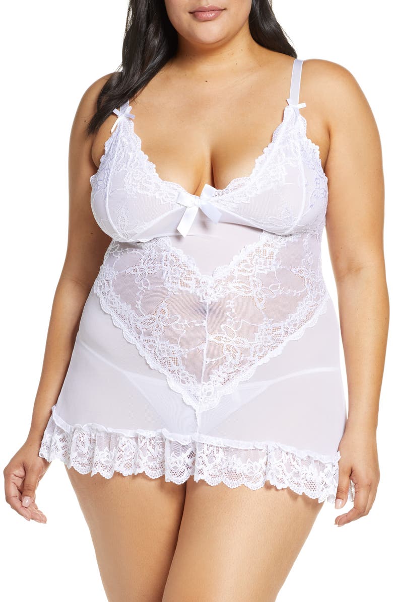 Oh La La Cheri Valentine Soft Cup Babydoll Chemise & G-String Thong, Main, color, White