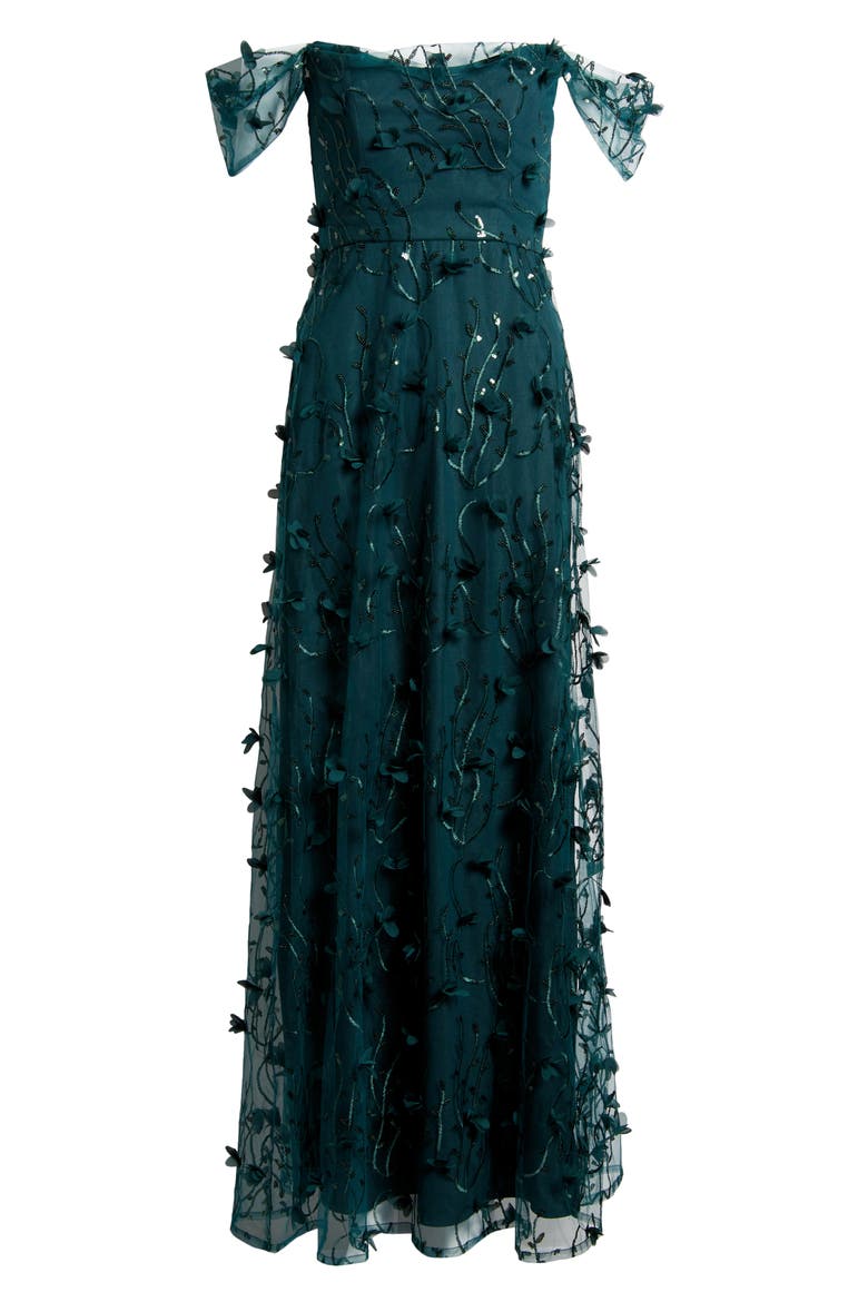 3D Embroidered Off the Shoulder Gown, Alternate, color, EVERGREEN