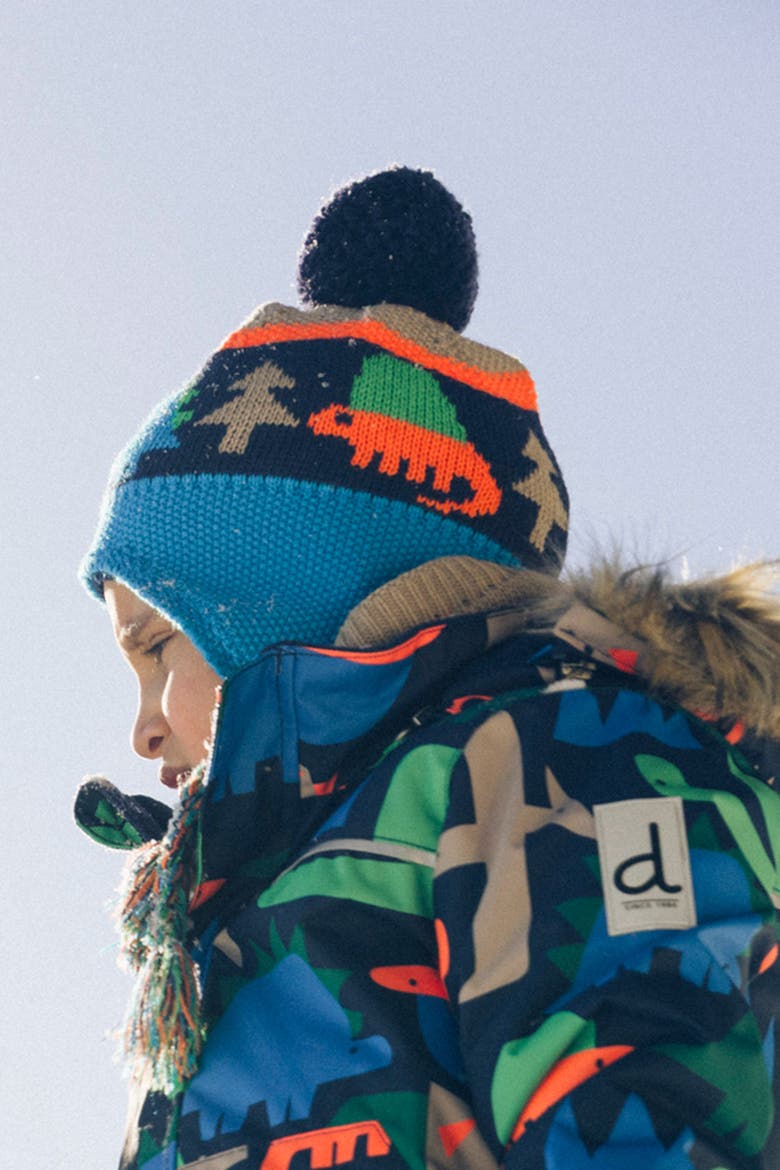 Winter Dinosaur Fleece Lined Peruvian Knit Hat with Pompom, Alternate, color, Blue Dinosaur Print