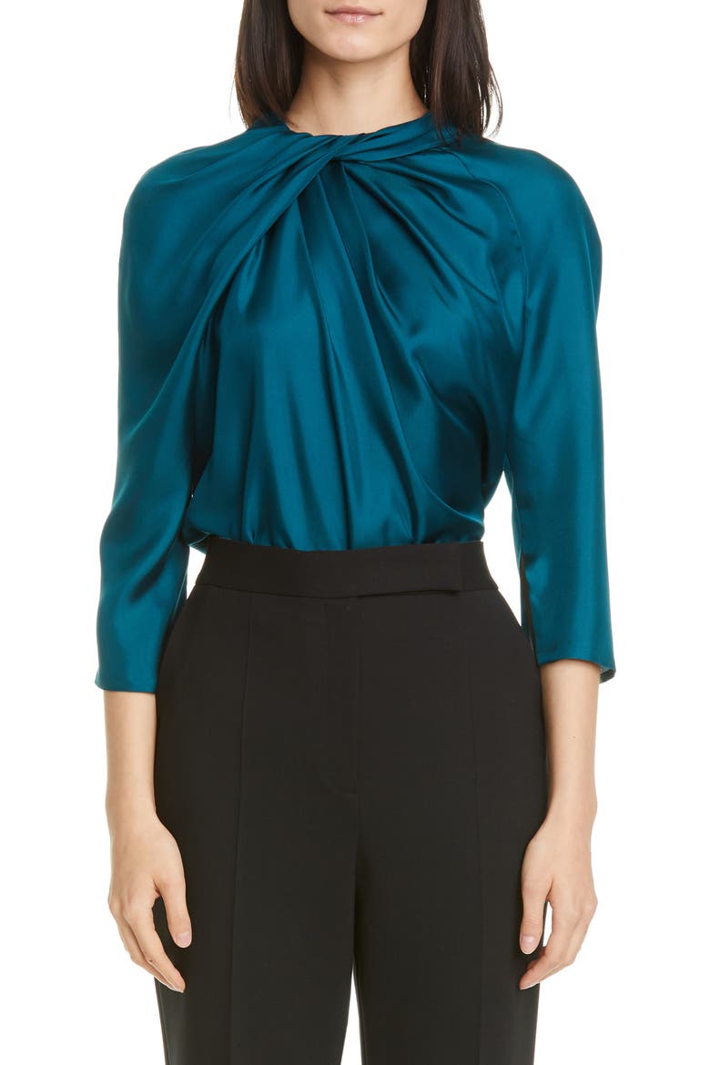 Star Twist Neck Silk Blouse, Main, color, TEAL