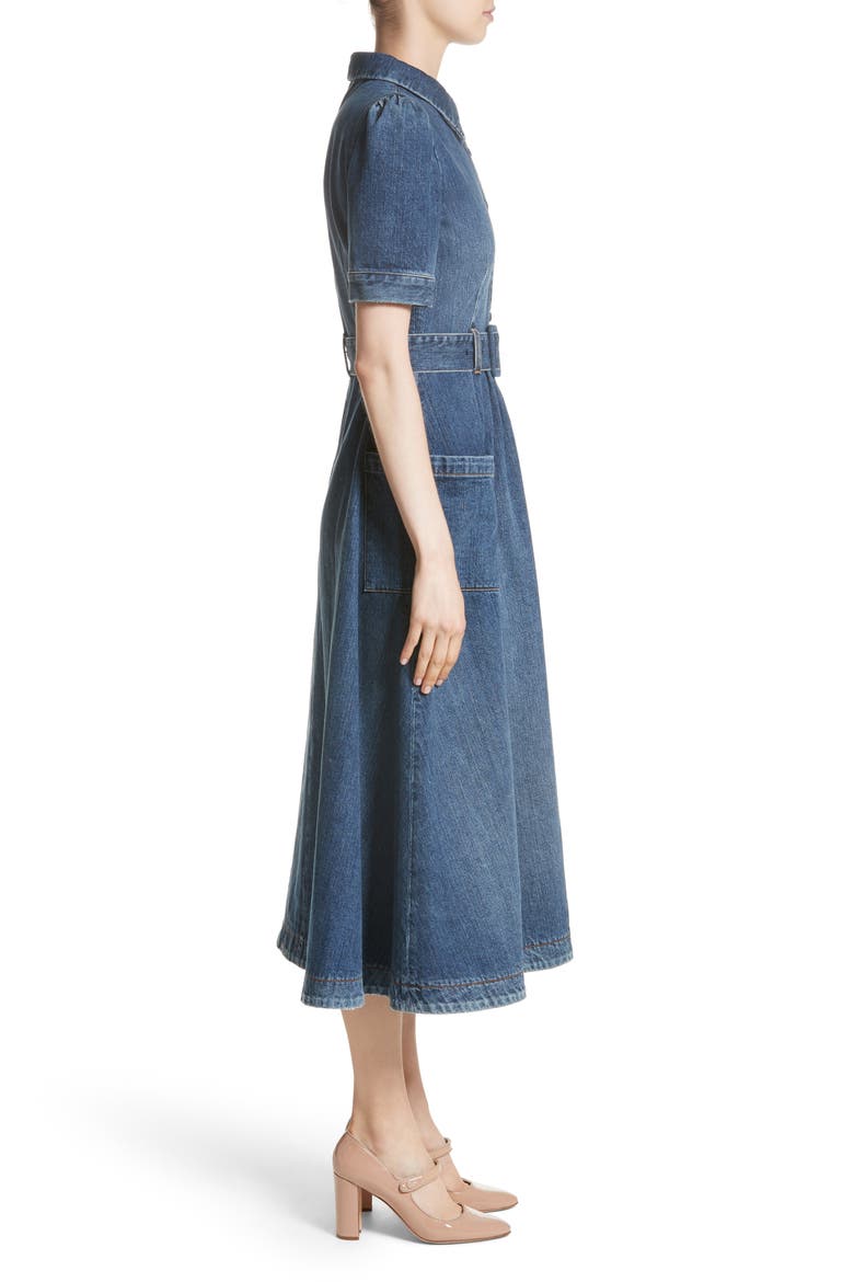 Denim Fit & Flare Midi Dress, Alternate, color, INDIGO