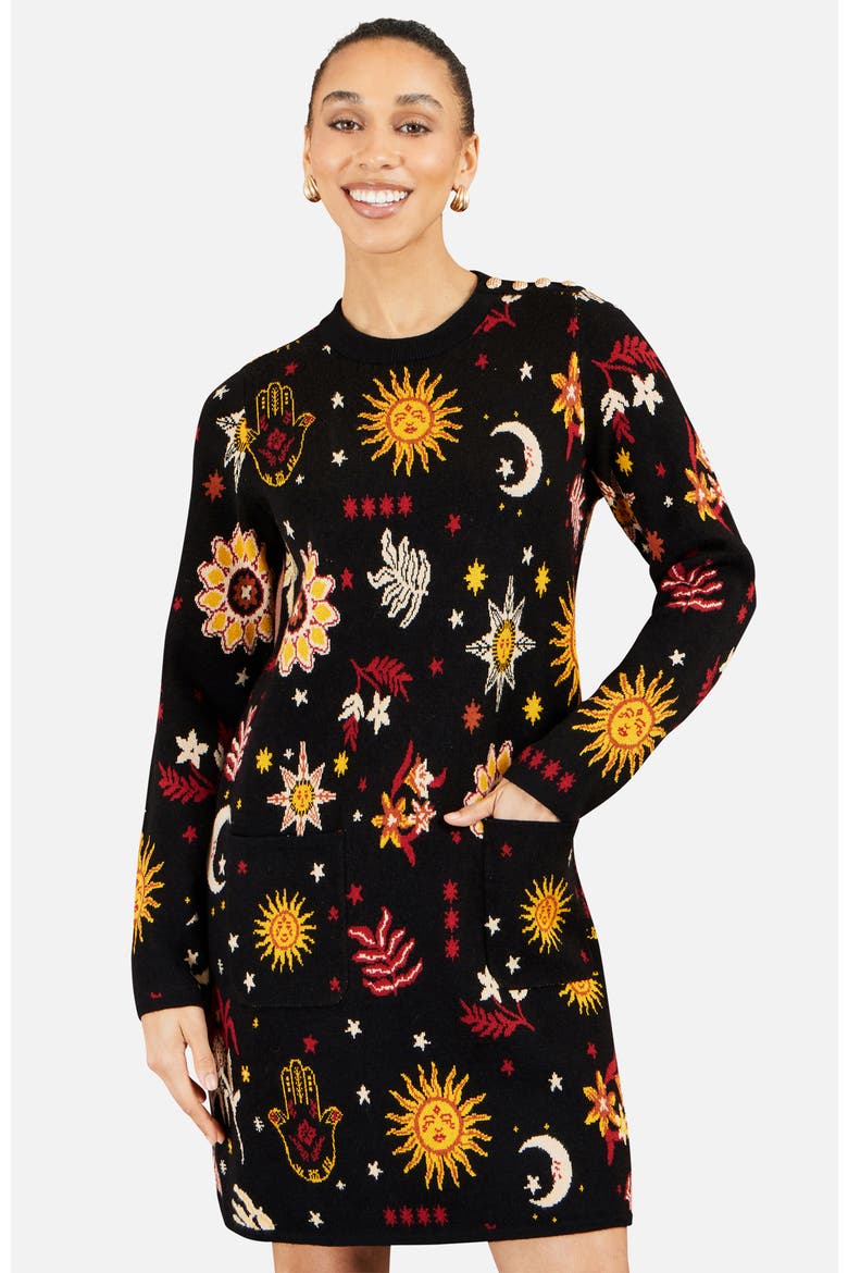 Cosmic Intarsia Knitted Dress, Alternate, color, Black