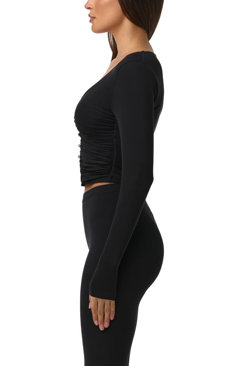 Naked Wardrobe Ruched Button-Up Knit Top, Alternate, color, Black