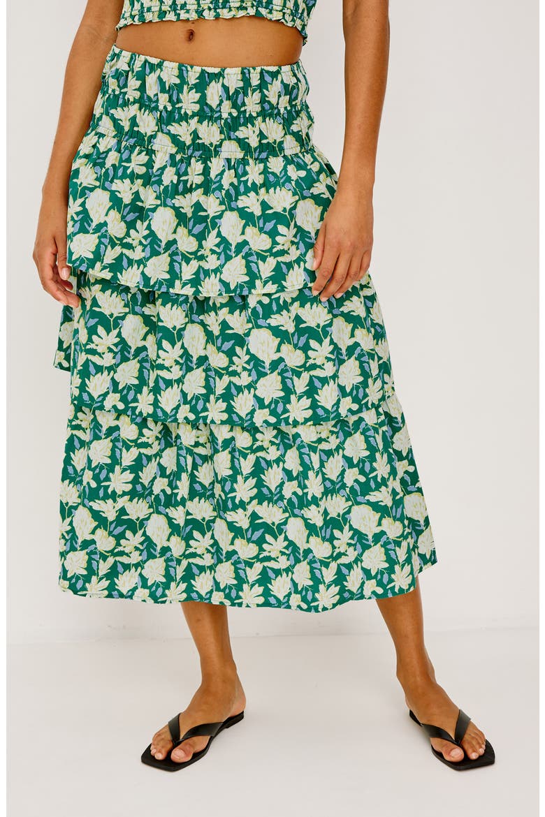 Belle Floral Print Tiered Midi Skirt, Main, color, GREEN MAYFLOWER