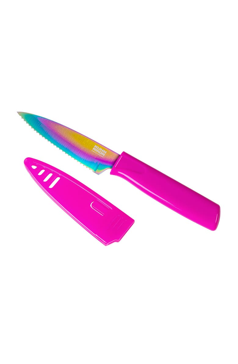 Kuhn Rikon Colori Non-Stick Serrated Paring Knife with Safety Sheath, 4 inch, Main, color, Rainbow