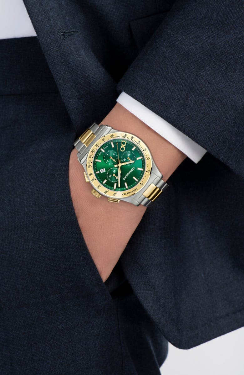FERRAGAMO 1927 Chronograph Bracelet Watch, 42mm, Alternate, color, Two Tone Green