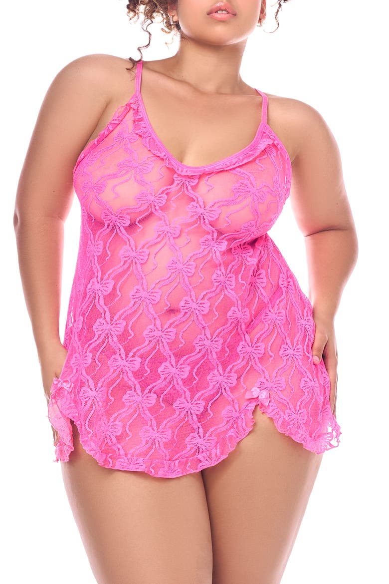 Sheer Lace Babydoll Chemise & Thong Set, Alternate, color, PINK