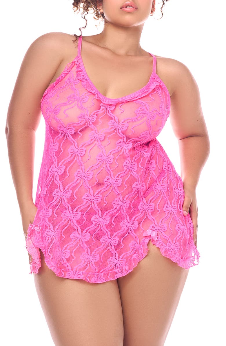 Mapale Sheer Lace Babydoll Chemise 
Thong Set, Alternate, color, 