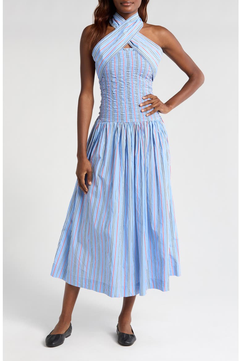 Mia Tie Neck Strapless Midi Dress, Alternate, color, BLUE