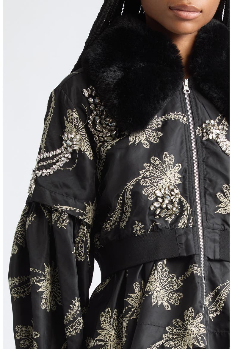 Armelle Paisley Fan Embroidered Jacket with Faux Fur Collar, Alternate, color, BLACK/ GARDENIA