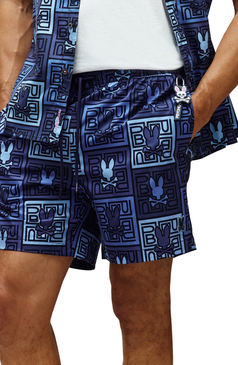 Psycho Bunny Gio Print Swim Trunks, Alternate, color, Evening Blue