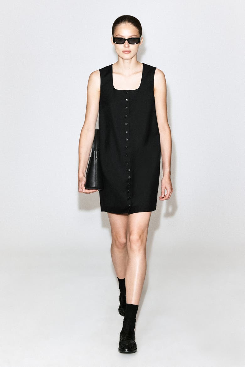 Buttoned Wool-Twill Mini Dress, Main, color, BLACK