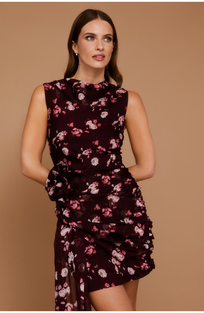 Six Stories Floral Coursage Ruched Mini Dress, Alternate, color, Wine