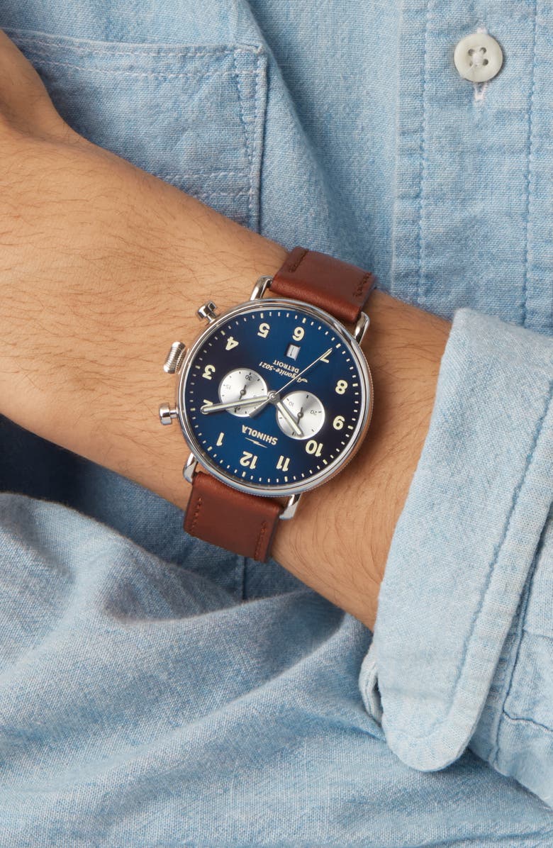 Shinola The Canfield Chrono Leather Strap Watch, 43mm, Alternate, color, Dark Cognac/ Midnight Blue