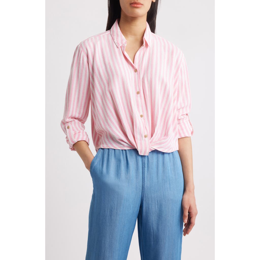 Beachlunchlounge Vivica Stripe Twist Hem Button-up Shirt In Gossamer Pink