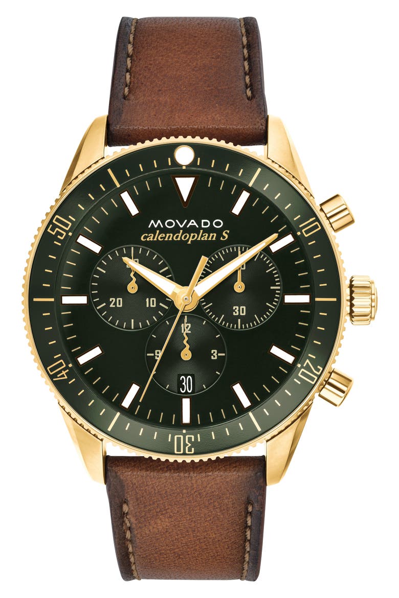 Heritage Chrono Leather Strap Watch, 42mm, Main, color, COGNAC/ GREEN/ GOLD