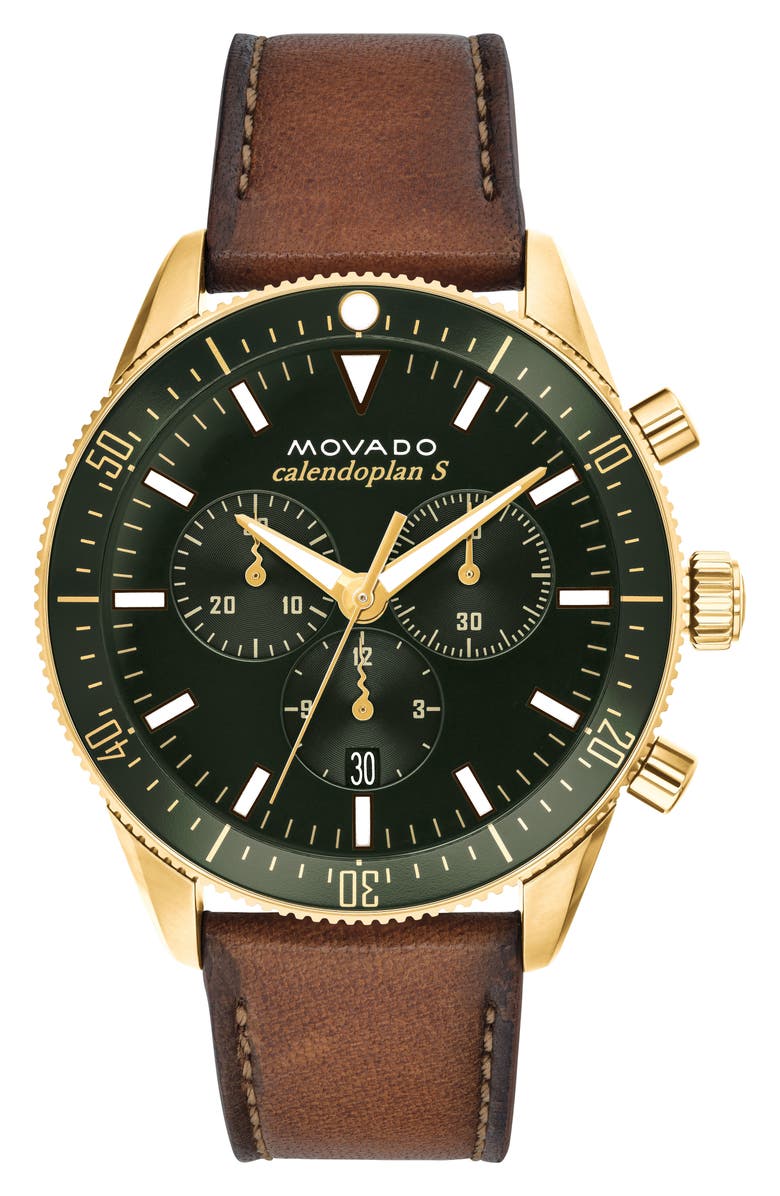 Movado Heritage Chrono Leather Strap Watch, 42mm, Main, color, Cognac/ Green/ Gold