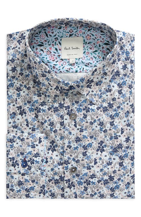 PAUL SMITH LONDON Light Sand hot & Pastel Floral Paisley Print Cotton Long Sleeve Dress Shirt | Made in Italy | Y2K English Designer Mod Shirt