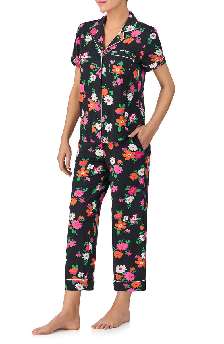 Kate Spade New York print crop pajamas, Alternate, color, Black Ground Floral