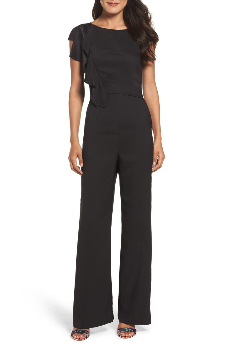 Ruffle Sleeve Crepe Jumpsuit, Main, color, BLACK