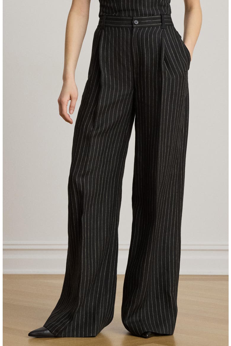 Chalk Stripe Wide Leg Linen Pants, Alternate, color, BLACK/ BEIGE