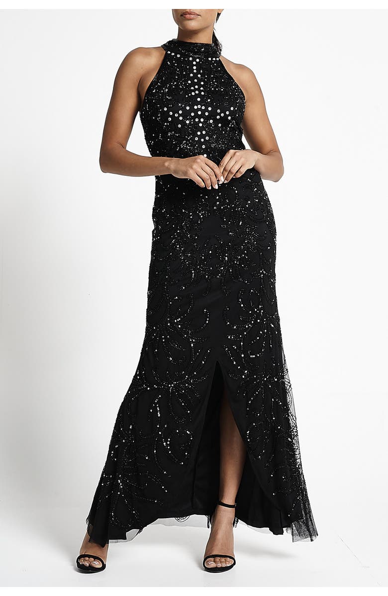 Frock and Frill Halter Neck Embellished Maxi Gown, Main, color, 