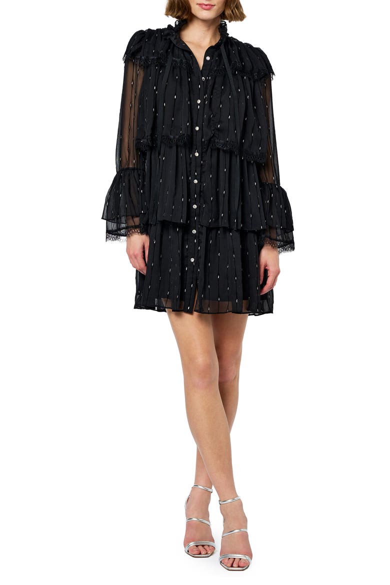 Bharti Metallic Fleck Eyeleash Lace Long Sleeve Minidress, Main, color, BLACK