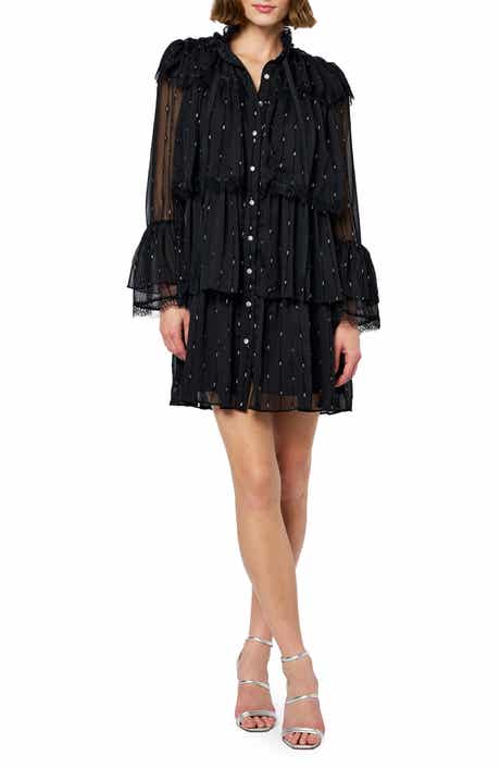 CIEBON Bharti Metallic Fleck Eyeleash Lace Long Sleeve Minidress