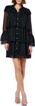 CIEBON Bharti Metallic Fleck Eyeleash Lace Long Sleeve Minidress
