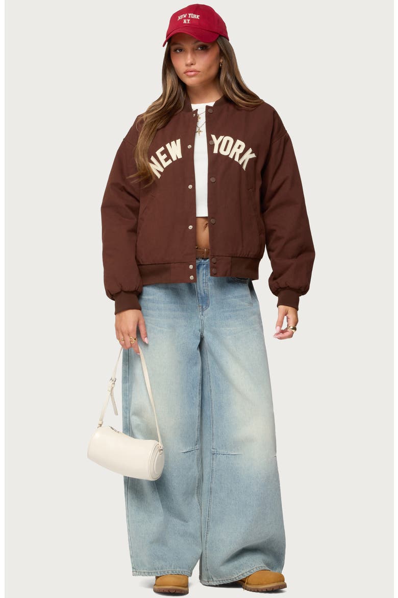 Big Apple Oversize Cotton Bomber Jacket, Alternate, color, BROWN