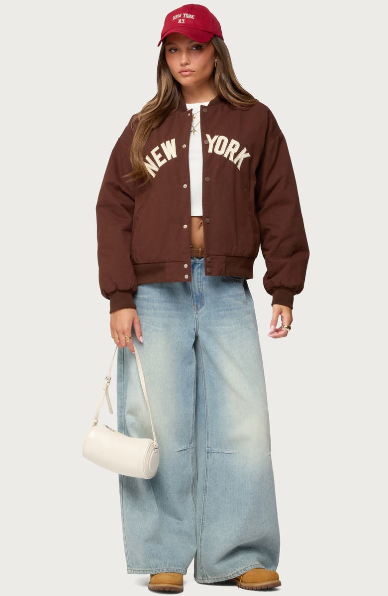 EDIKTED Big Apple Oversize Cotton Bomber Jacket, Alternate, color, Brown