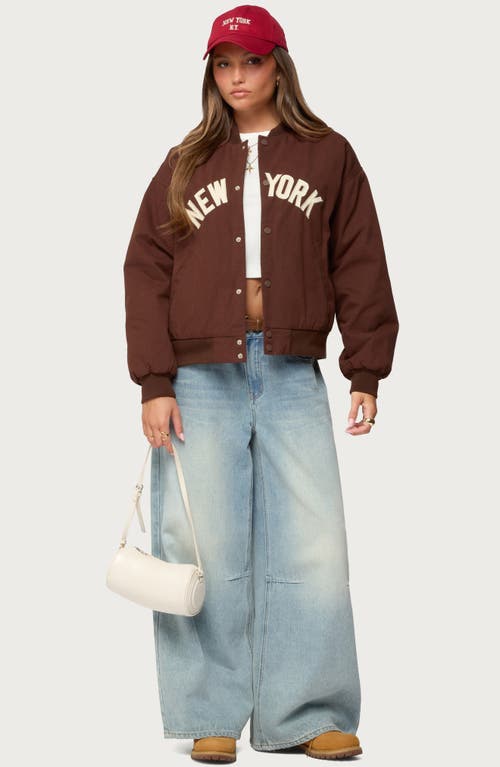 Edikted Big Apple Oversize Cotton Bomber Jacket In Brown